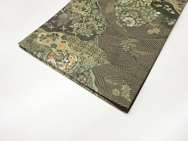  道長取に鳳凰・草花・波模様織出し袋帯